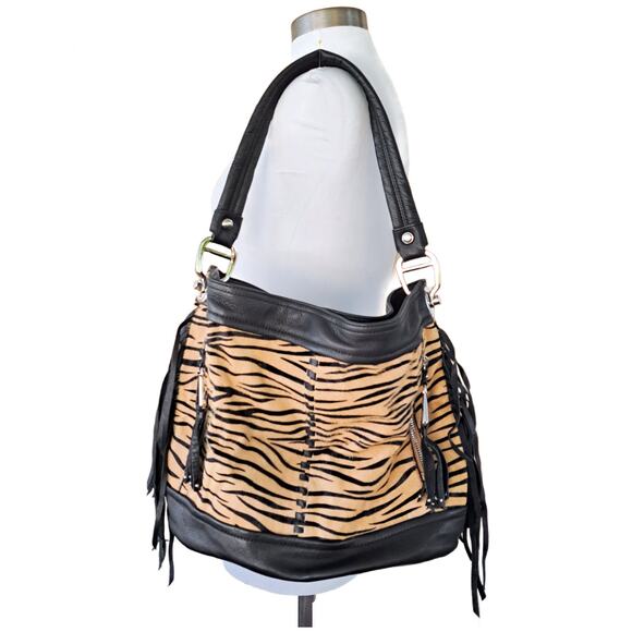 B MAKOWSKI Calf Hair Tan Black Zebra Fringe Leather Hobo Shoulder Bag EUC - Picture 1 of 10